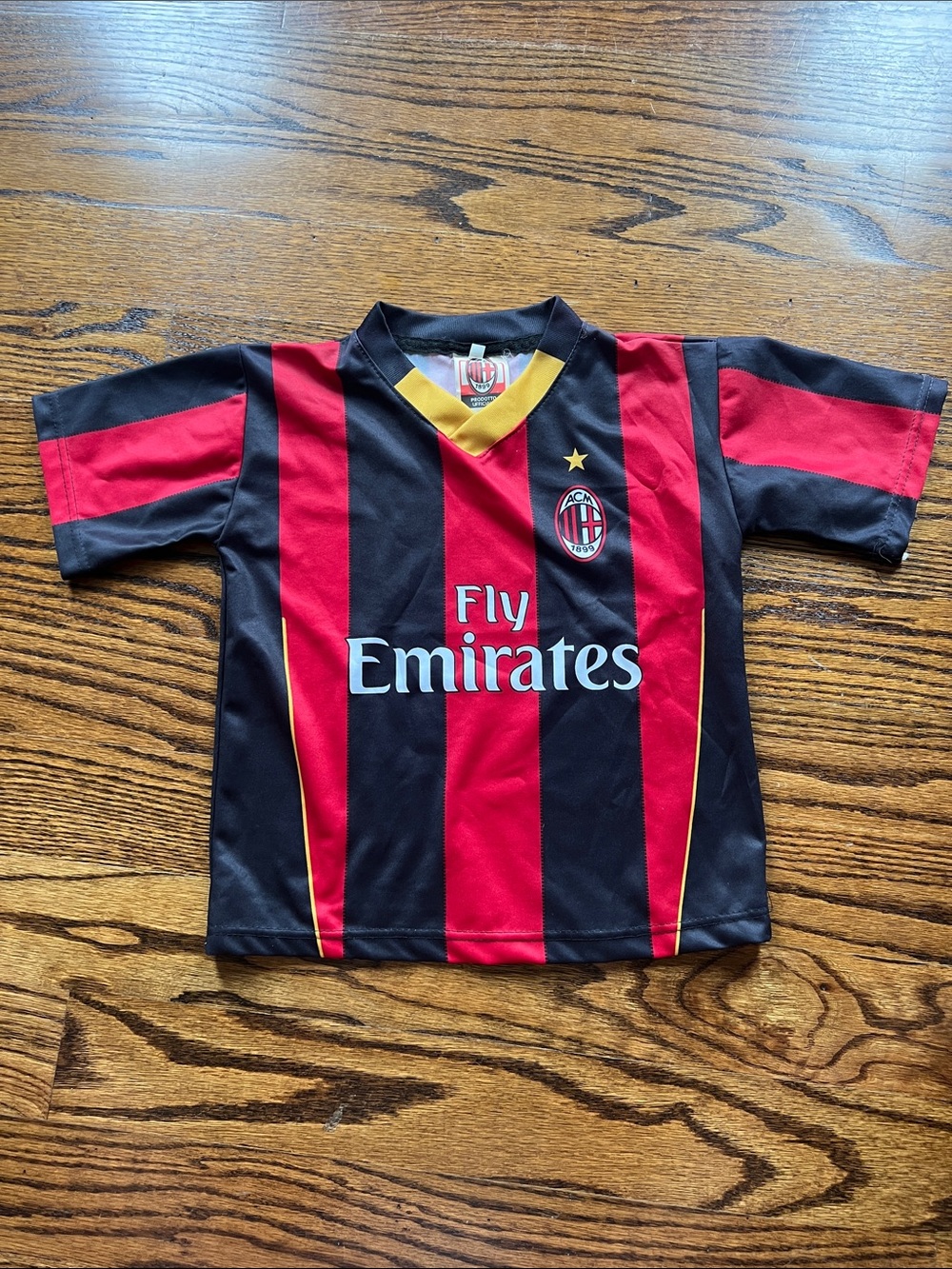 AC Milan Kids' Red & Black Striped Soccer Jersey - Fly Emirates